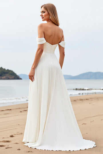 A Line Ivory Off The Shoulder Ruched Long Wedding Dress